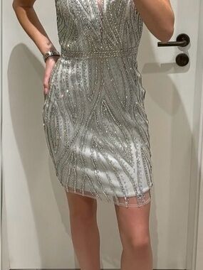 Jovani Silver Beaded Spaghetti Strap Mini Dress